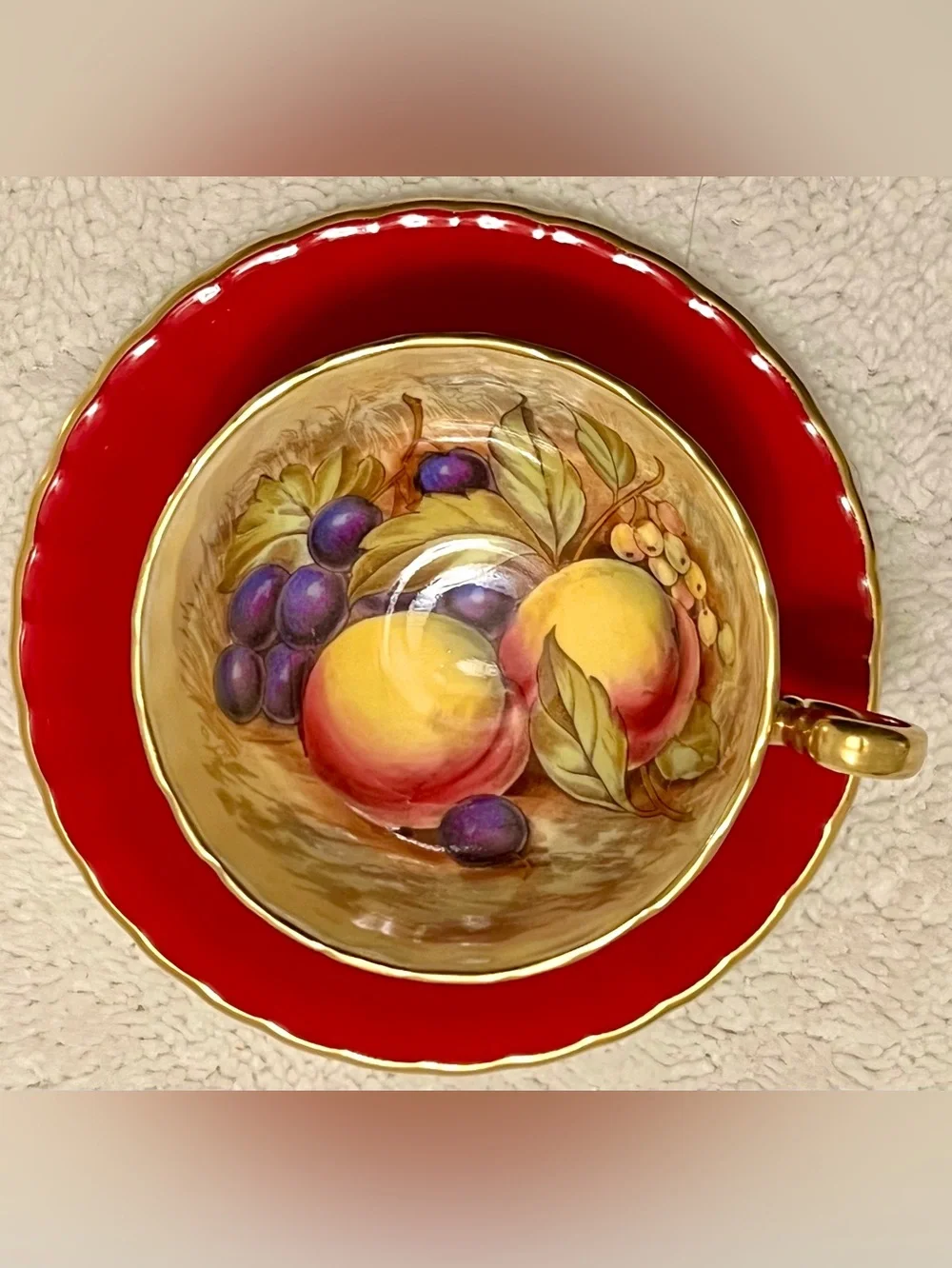 🍑Aynsley Orchard Fruit 1034 Vintage UK Fine Bone China 24K Gold Tea Cup & Saucer